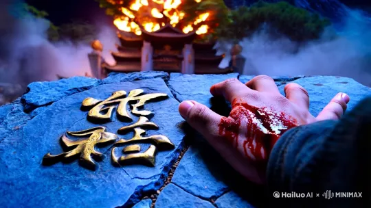 林寒的指尖深深抠进青石板的裂缝，鲜血顺着掌纹滴落在宗门牌匾的残片上。"隐龙宗"三个鎏金大字被火焰舔舐得卷曲发黑， 像条垂死的龙。 
这是他拜入师门的第七年，山门前那株干年菩提本该在月圆之夜绽放灵光，此刻却成了燃烧的火炬。浓烟中传来骨骼碎裂的脆响，林寒认得那是三师兄的玉箫折断的声音--昨日他们还在这株树下合奏《清心诀》。 
"快走！"师尊的吼声裹挟着雷霆从后山炸响，紫色电光撕开夜幕的瞬间，林寒看见十三道黑影悬浮在半空。他们的衣袍猎猎作响，袖口绣着血色的曼陀罗，花瓣在月光下蠕动如 by Hailuo AI Video Generator