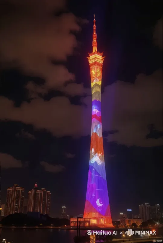 天空烟花绽放，塔身LED灯光互动，河面有游船 by Hailuo AI Video Generator
