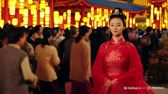 穿越在古代大唐盛世时期，上元节灯会，热闹的长安城街景夜晚，灯火通明，人来人往热闹非凡，一位高贵优雅，美如天仙的郡主，身穿精致红色喜庆汉服。 by Hailuo AI Video Generator