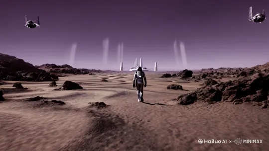 在外星球，一位宇航员孤单的走向基地，大地一片荒芜，天上悬挂着三颗昏暗的卫星。[推进,上升] by Hailuo AI Video Generator