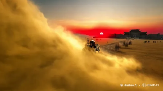 古风大俯视构图，中国审美韵味十足。狂风肆虐，卷起漫天黄沙。一抹残阳如血，染红了半边天空。一辆破旧的马车缓缓行驶在古老的驿道上，车轮吱呀作响。车夫头戴斗笠，身披蓑衣，奋力挥动着马鞭。马车后，是一片荒芜的戈壁，偶有几株枯草在风中摇曳。前方，隐隐可见一座古老的城池，城墙斑驳，透露出岁月的沧桑。画面整体色调偏暖，营造出一种苍凉而壮阔的氛围。 by Hailuo AI Video Generator
