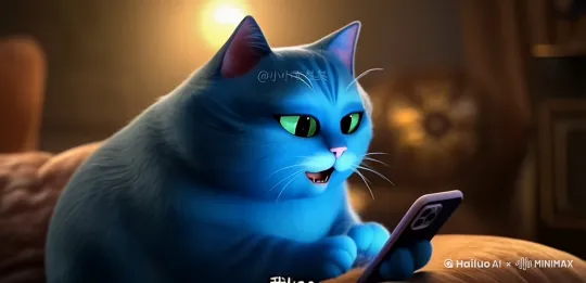 这个蓝色的小猫站在一个隆重的颁奖舞台上，它的脸上满是兴奋的表情，左手拿着麦当劳汉堡，右手握着麦克风。观众席上座无虚席的坐着和他一个模样的蓝的和金色小猫。镜头围绕着典礼拍摄，右移。 by Hailuo AI Video Generator