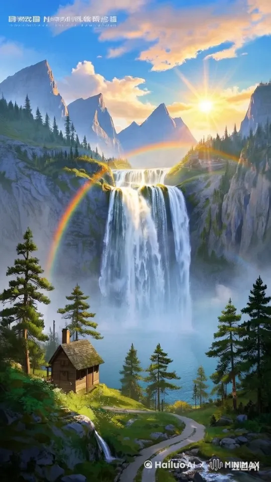 展现整个山谷的全景，清晨的阳光洒在高山上，蓝天清澈，白云朵朵，薄雾缭绕在山间；大大的瀑布金箔大面积贴金、描金、洒金从山间倾泻而下，水雾在阳光中形成一道彩虹。瀑布水流撞击岩石，溅起晶莹的水花，水雾弥漫在空气中，阳光透过水雾形成光晕；瀑布下大大的水潭，水面如镜，倒映着蓝天白云和周围的松树，水雾缓缓飘散。水潭、松树、山间的小屋，屋顶覆盖着青苔，烟囱升起袅袅炊烟；小屋旁的树随风摇曳，远处瀑布的水雾若隐若现，蓝天白云下，太阳洒下金色的光芒。 by Hailuo AI Video Generator