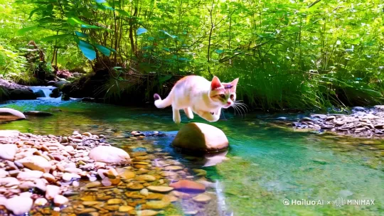 一只可爱的猫咪在小溪间跳跃，期间在小石子上驻留与飞过的蜻蜓接触，蜻蜓落在小猫鼻子上，后面蜻蜓飞走在水面上蜻蜓点水，猫咪低头饮水，水流清澈见底，水中鱼儿自由松散的遨游，猫咪胡须抖动很自在 by Hailuo AI Video Generator
