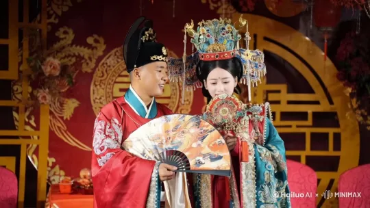 新郎官亲吻新娘，新娘反手给新郎官一个大逼兜，掏出 AK 开始突突，新郎官掏出盾牌抵挡 by Hailuo AI Video Generator