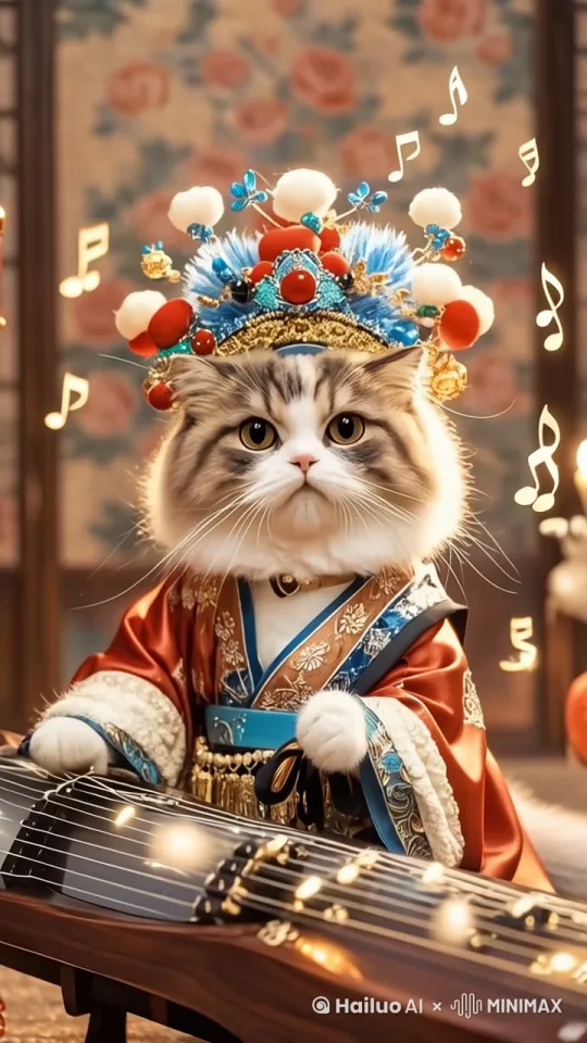 猫咪头戴华丽头饰，双爪轻轻拨动琴弦，眼眸专注。周围音符袅袅飘动，身上衣袂与头饰绒球随动作轻轻晃动，仿佛正奏出婉转曲调。 by Hailuo AI Video Generator