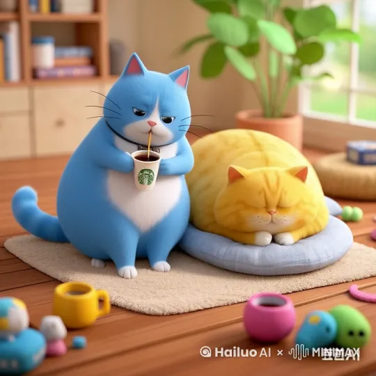 "清晨阳光中，蓝色的胖猫捧着星巴克杯被热咖啡烫到舌头（咖啡飞溅成樱花形状），撞翻抹茶蛋糕后慌乱挥舞爪子，打翻的咖啡在榻榻米上晕出招财猫图案。响动惊醒了黄色胖猫，它翻身跃起时尾巴扫倒鱼形存钱罐，两只猫在漂浮的寿司坐垫和鲷鱼烧间追逐，最终叠睡在外卖袋上，杯身浮现猫爪暗纹，背景日历显示2月22日。画面融入浮世绘云纹与暖色手绘质感，动态强调肉垫弹跳时的Q萌变形。 by Hailuo AI Video Generator