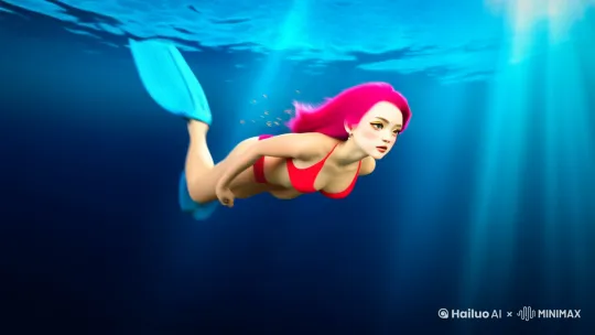 好莱坞大片特效，女孩穿着比基尼在深海潜水，海底盘着一直青龙， by Hailuo AI Video Generator