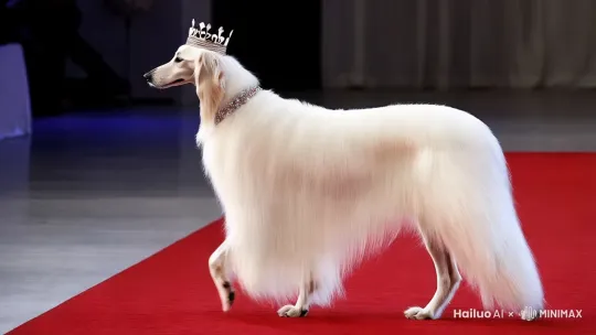 阿富汗猎犬，毛笔直如精心丈量过的线条。从头顶倾泻至尾尖，没有一丝弯折或卷曲，似一帘光滑的白色飞瀑，垂直而下。每一根都秩序井然，仿佛是被大自然用最精密的仪器校准过，柔顺地依附在它的身躯上，尽显利落与优雅。狗戴皇冠，宝石项链，走在 T 台红毯，从远到近 by Hailuo AI Video Generator