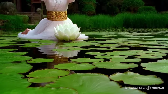 缠臂金钏沉入浮萍深处，她卧在汉白玉雕并蒂莲上解开双鸾衔绶带。水下镜头仰拍纱裙绽开的涟漪，锦鲤群突然惊散时，对岸梅林闪过戴乌纱帽的修长剪影。 by Hailuo AI Video Generator