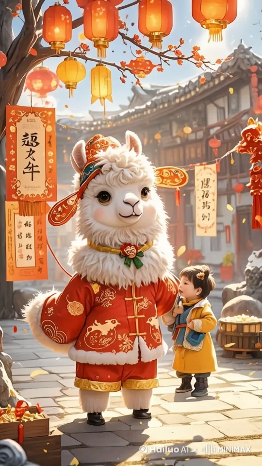 过年场景里，小女孩仰头看向羊驼，眼中满是好奇与欢喜，羊驼亲昵蹭头回应，周围鞭炮声中纸屑纷飞，灯笼闪烁，打造欢快热闹的春节动态视频。 by Hailuo AI Video Generator