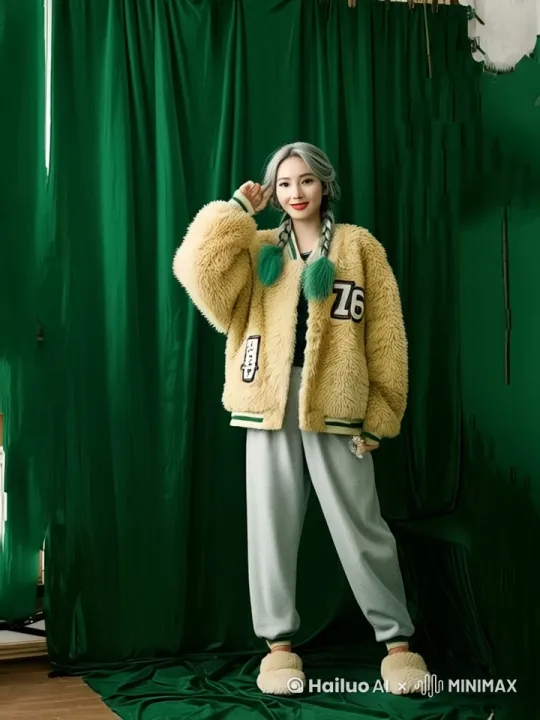无实物表演:镜头推进，美女向后退步。美女正在向观众介绍身后的东西，表情热情洋溢，专业导游。一边热情洋溢解说，一边指着东西，一边随着镜头向后退，偶尔回头看一眼东西。 by Hailuo AI Video Generator
