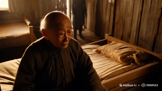 小木屋内坐在床上的中国男性老人下床后走到站在木墙旁的外星人后面，外星人和中国老人一起突然消失在小木屋的木墙旁边不见了。 by Hailuo AI Video Generator
