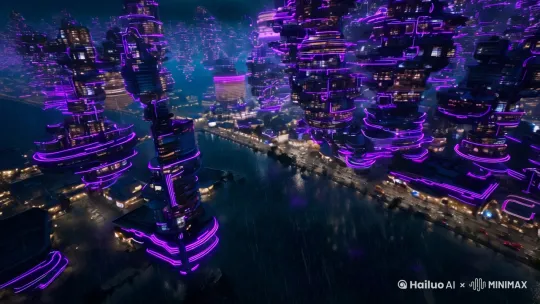 未来都市暴雨夜景，紫色霓虹穿透雨幕，无数悬浮建筑如巨型集成电路板层叠延展。广角镜头，8k细节，赛博朋克风格。 by Hailuo AI Video Generator