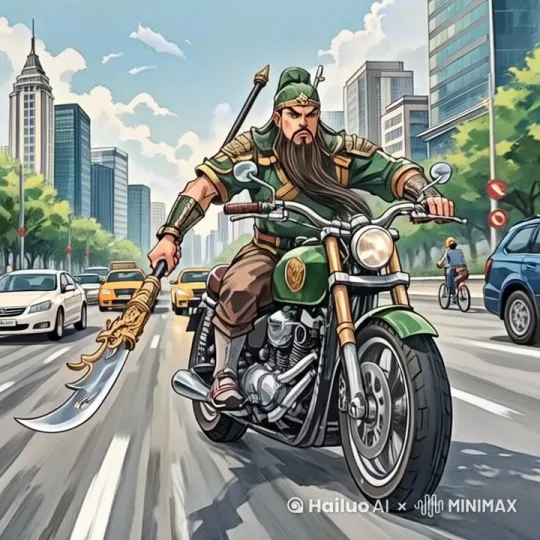 骑摩托的人物行驶在街道马路上 by Hailuo AI Video Generator