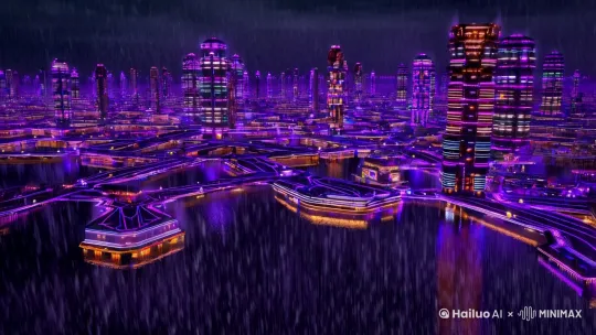 航拍前行视角，未来都市暴雨夜景，紫色霓虹穿透雨幕，无数悬浮建筑如巨型集成电路板层叠延展。广角镜头，8k细节，赛博朋克风格。 by Hailuo AI Video Generator