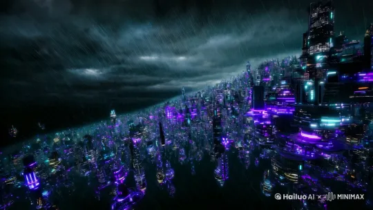 竖屏16:9，航拍前行视角，未来都市暴雨夜景，紫色霓虹穿透雨幕，无数悬浮建筑如巨型集成电路板层叠延展。广角镜头，8k细节，赛博朋克风格。 by Hailuo AI Video Generator