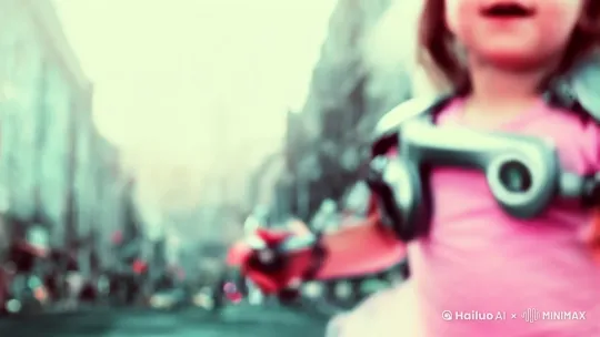 一个模糊的俏皮女孩的大特写影像，

潮，酷，极限颜值，智能可穿戴，极致精致细节，非对

称，缤纷繁华的街道场景，迷幻氛围，低饱和，淡彩，

光朦，浓厚，模糊，抽象，科幻，光显，失焦，超广

角，超强透视，超距，暗朦，低光，颗粒感肌理，情绪

氛围感，精致机械美学，废弃感，写实，获奖摄影佳

作，极简主义，未来感，超现实，高级感，杰作 by Hailuo AI Video Generator