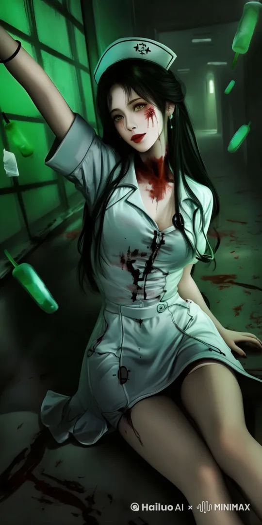 恐怖主题，亚洲少女的形象，背景一座破败诡异的精神病院，无尽的黑暗，惨红的灯光，一位诡异裂口女，穿着超短齐b裙带血的粉色护士衣服，头戴粉色护士帽，完美身材，胸部有两个带血的十字，脖子上挂着听诊器，黑色连体丝袜袜，一个腿环，大眼睛，红眼珠，红色美瞳，半边框眼镜，周围漂浮着绿色灯笼，在地上爬行，透过领口处能看到诱人的双峰，修长的大美腿，翘臀，全身特写，惊恐的眼睛里流出两行红色的泪痕，嘴上涂抹红色的唇釉延伸的到耳根，颈部有一勒痕和缝合线痕迹，满是污迹和破洞的齐b裙粉色护士装，手臂和大腿上有多处淤痕。 by Hailuo AI Video Generator