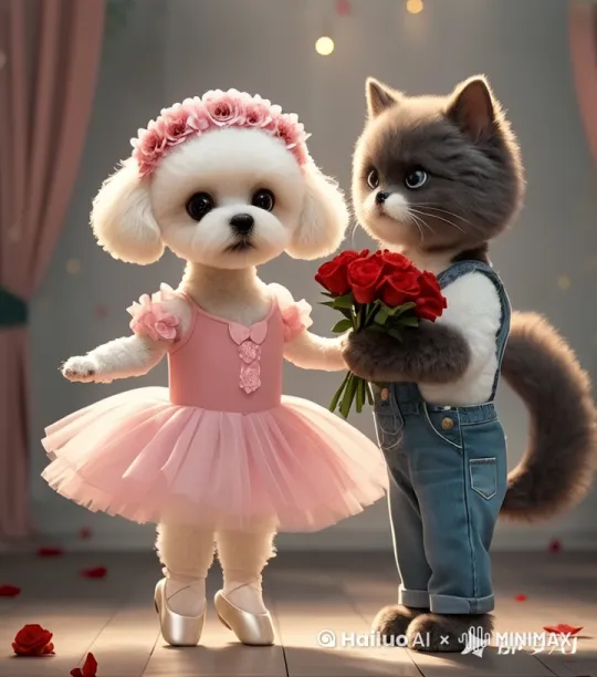 黑猫把一大束红色玫瑰花献送到白色小狗手中，并亲吻了小狗的头，中景，自然光线，梦幻，温馨优雅，高清晰，8k 超高质量，镜头缓缓退后

 by Hailuo AI Video Generator