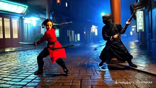 视频提示词（10秒武侠打斗）：

【场景】雨夜古巷-青石板反光/霓虹灯牌闪烁
【人物】红衣女侠（柳叶刀）VS黑衣忍者（锁链镰）
【运镜】俯冲式跟拍+环绕镜头
【动作设计】
0-2秒：双刀劈开雨幕特写→刀锋擦出火星
3-5秒：锁链缠柱急转→忍者腾空三连踢
6-8秒：雨中近身缠斗（慢镜）：刀背格挡膝击→发丝带起水珠轨迹
9-10秒：致命杀招：刀尖停喉瞬间→雨滴在刀刃分裂的特写
【特效】高速雨丝/武器残影/地面水花爆散
【音效】刀鸣混电子琵琶/骤雨白噪音/布料摩擦声

（包含三个隐藏彩蛋设定：背景灯笼暗藏门派徽记/女侠耳环是关键道具/打斗中闪过神秘旁观者倒影） by Hailuo AI Video Generator