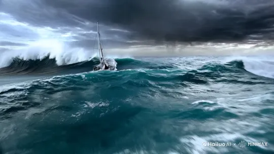 狂风巨浪的大海，镜头缓缓推进，一艘渺小的帆船在汹涌的波涛中挣扎漂荡。海面上白沫翻滚，帆船时隐时现，仿佛随时可能被巨浪吞噬。天空乌云密布，雷声轰鸣，海鸥在空中盘旋尖叫。帆船上的人们紧紧抓住缆绳，努力保持平衡。画面风格写实，充满紧张和动感。近景特写，强调风浪的冲击力和帆船的摇晃 by Hailuo AI Video Generator