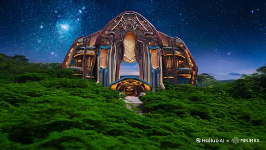 在一个旁晚亚马逊森林里，天空繁星点点，豁然出现一个2200年的超级未来歌舞剧场，[推进,上升]整个建筑，[左移,上升]设计精致，独特的外观让人过目不忘。进入剧场过道为石块堆积，过道两旁有6座石头精心雕刻的飞龙，[左移,跟随]里面舞台灯光璀璨，一束光照在中间一个独唱的美女身上，LED大屏播放着动感的视频。[右移,左摇,跟随] by Hailuo AI Video Generator