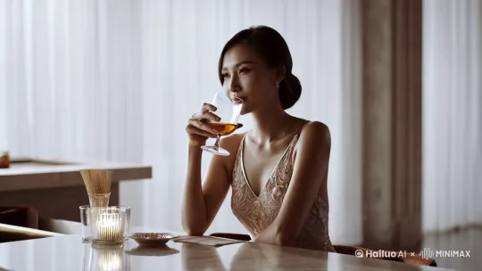 一个中国美女身穿泳衣，在酒吧里深情地喝着酒，柔美的灯光打在她身上，优雅而美好，镜头逐渐推进，聚焦于她的泳衣上 by Hailuo AI Video Generator