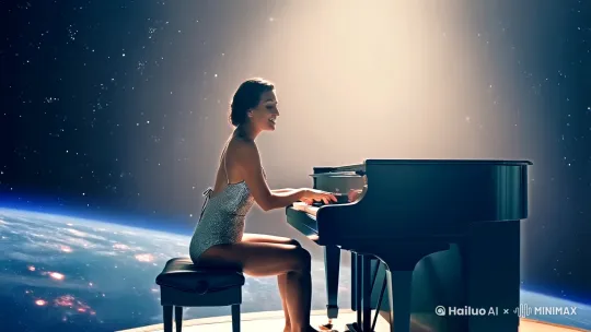 一个美女身穿泳衣，在太空上深情地弹着钢琴，宇宙的星光柔和的照在她身上，优雅而美好，镜头逐渐推进，聚焦于她的钢琴上 by Hailuo AI Video Generator
