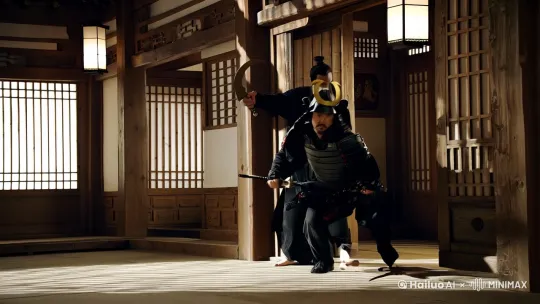 中国刺客双手拿着月牙刀破门而入，几招秒杀日本武士，古风电影效果 by Hailuo AI Video Generator