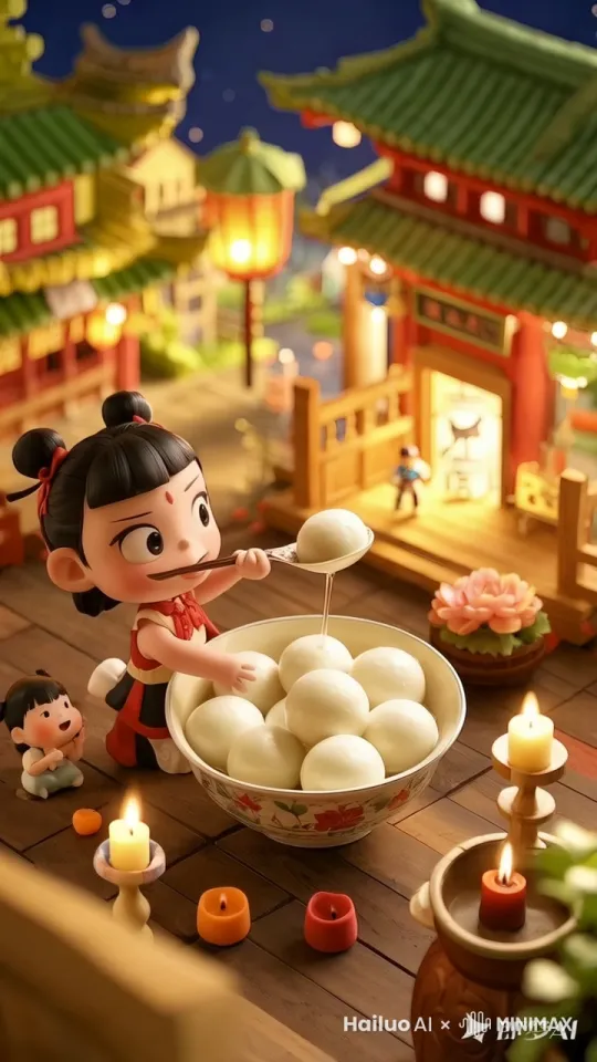 汤圆热气腾腾，哪吒品尝着汤圆，蜡烛火苗动起来，整个画面更加生动。画面不要穿模。 by Hailuo AI Video Generator