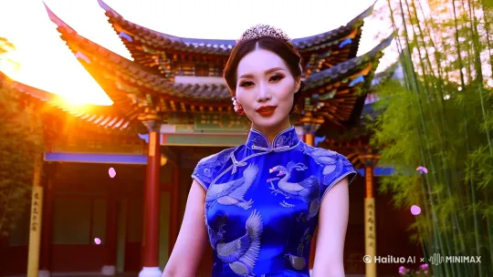 一个令人惊艳的、电影质感的短视频片段，展现一位五官精致绝伦、肌肤胜雪的绝色佳人，身着一袭剪裁合身的丝绸旗袍，旗袍上绣有精美的凤凰纹样，颜色为宝石蓝色， 在以飞檐斗拱、雕梁画栋为特色的古风建筑前，跳着充满活力的迪斯科。 夕阳的余晖洒在建筑上，周围环绕着翠竹和飘落的花瓣，舞蹈动作流畅而富有节奏感，与镜头互动，眼神充满挑逗和吸引力，节奏感强，富有动感。 by Hailuo AI Video Generator