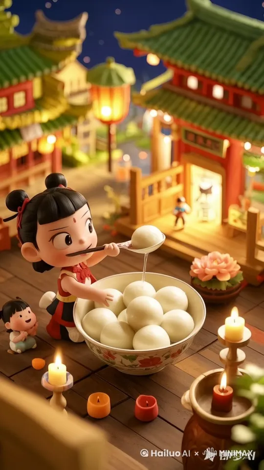 汤圆热气腾腾，哪吒品尝着汤圆，蜡烛火苗动起来，整个画面更加生动。画面不要穿模。 by Hailuo AI Video Generator