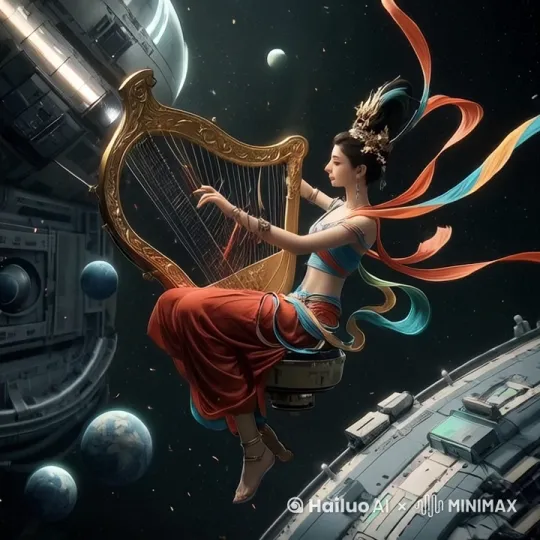 人物在舒展弹奏，空间站在缓缓自运转，星球在自转动 by Hailuo AI Video Generator