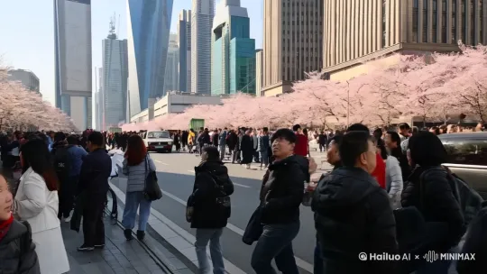 一辆老款帕萨特行驶在春天的北京街头，城市繁华，高楼林立，人们停下脚步观看。 by Hailuo AI Video Generator