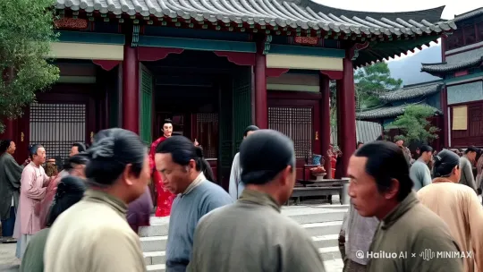 明朝。山东临清街头，人来人往，热闹非凡。一家财主家门口，纨绔公子张好古穿着红花衣服，单手托着鸟笼，鸟笼中有一只名贵鹦鹉，大摇大摆地走出来，几个仆人跟在身后。全景。4K，高清拍照效果 by Hailuo AI Video Generator