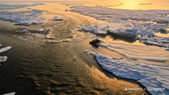 1. 开场镜头（0-2秒）：
"Bird's-eye tracking shot over ice-encased Yellow River, macro details of crystalline ice formations glistening under dawn light, frozen rapids captured in mid-splash motion, cinematic 24fps slow motion"

2. 过渡镜头（3-5秒）：
"Drone flythrough of snowstorm over Juyongguan Pass, snowflakes accumulating on ancient stone battlements, dynamic wind-blown snow patterns revealing hidden sections of wall, volumetric lighting through cloud breaks"

3. 主体镜头（6-8秒）：
"Helicopter chase shot along Yan Mountains ridge, endless snow dunes undulating to horizon, frozen waterfalls suspended from cliffs, eagle soaring through frame foreground adding scale"

4. 收尾镜头（9-10秒）：
"Time-lapse of alpenglow illuminating Great Wall's serpentine path, long exposure star trails over snow fields, ice particles refracting prismatic light rays, IMAX-style framing" by Hailuo AI Video Generator