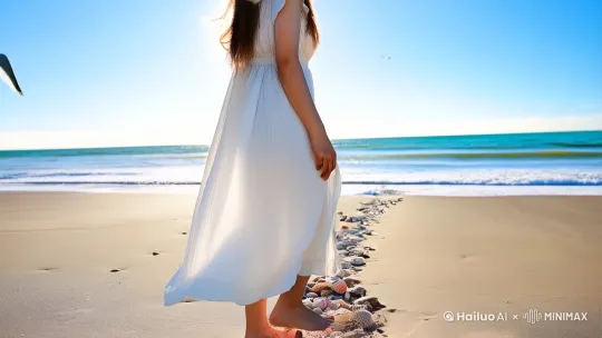 镜头 1
画面：阳光明媚，海浪轻轻拍打着沙滩，远处是湛蓝的大海，几只海鸥在天空中翱翔。
声音：海浪声、海鸥叫声
旁白：在这个宁静的海边，总有一些美好的故事悄然发生。
镜头 2
画面：女主角（小雅）穿着一条白色连衣裙，裙摆随风飘动，她光着脚丫走在沙滩上，留下一串串浅浅的脚印。她微微低头，欣赏着脚下的贝壳。
声音：海浪声、女主角轻快的脚步声
旁白：她像是一朵海边的浪花，清新而灵动。
镜头 3
画面：小雅停下脚步，弯腰捡起一个漂亮的贝壳，对着镜头露出灿烂的笑容。
声音：女主角轻声的笑声
旁白：每一个小小的发现，都能让她如此开心。 by Hailuo AI Video Generator