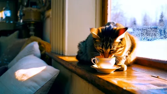 生成写实风格的视频，一只可爱的狸花猫在冬日午后的阳光下喝奶茶 by Hailuo AI Video Generator
