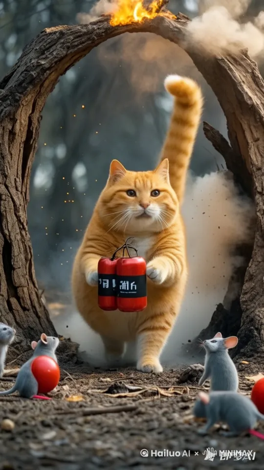 真实摄影风格，胖橘猫把炸药在老鼠窝旁被点燃，橘猫迅速转身，四爪飞奔，逃离即将爆炸的现场。瞬间，炸药爆炸，尘土飞扬，老鼠窝被炸得七零八落，惊慌失措的老鼠们四处逃窜。中景，动态捕捉橘猫逃跑和老鼠窝爆炸的瞬间。 by Hailuo AI Video Generator