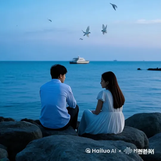 清晨的微光逐渐穿透厚重阴霾，为海面染上一层冷冽幽蓝 。光线如灵动画笔，从海天相接处晕染开来，慢慢勾勒出情侣、船只与鸽子轮廓，色调清冷。
 
海浪轻拍岸边，泛起层层白沫，规律起伏间，泡沫破碎又重生。海风裹挟着咸湿气息，吹乱情侣发丝，女生依偎男生肩头，男生凝视远方，眼神落寞。两人衣角随风飘动，似在诉说无言心事。
 
海中船只随波摇曳，船身老旧，在海浪起伏中，发出“嘎吱”声响，似在岁月侵蚀下艰难喘息。
 
成群鸽子在天空盘旋，翅膀扇动带起风声，发出低沉“咕咕”声，它们的身影在阴云与海面间穿梭，偶尔俯冲向海面又迅速拉高。
 
伴随着海浪声、风声、船身“嘎吱”声与鸽子“咕咕”声，整个画面沉浸在忧郁氛围中，仿佛时间停滞，只余这对情侣、老旧船只与盘旋鸽子，在这片蓝调海边，演绎着无尽愁绪。比例 1:1。 by Hailuo AI Video Generator