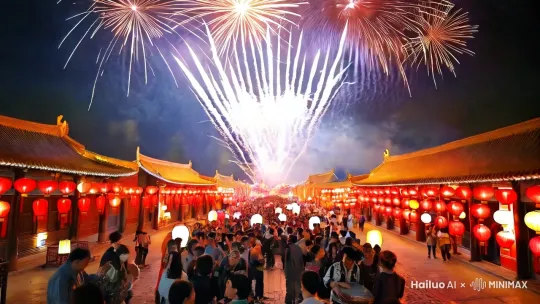 岁序更新，烟火呈祥，喜气漫飘。望九州内外，华灯焕彩；城乡上下，笑语如潮。鼓乐喧天，烟花绽夜，似与繁星试比骄。逢佳节，看红联映户，格外妖娆。

山河如此多娇，引无数亲朋共乐陶。忆旧年过往，几多收获；今朝伊始，壮志凌霄。岁月流金，初心未改，逐梦前行意气豪。展前路，数风流人物，且看今朝。 by Hailuo AI Video Generator