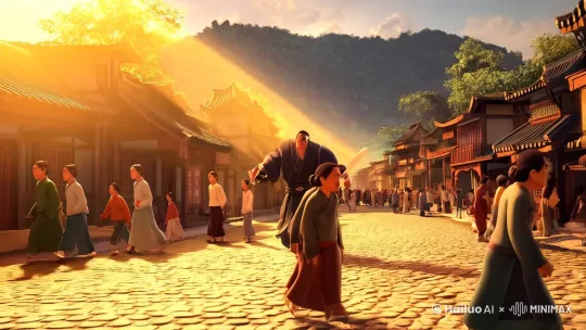 视频标题：《武阳镇的风云——武松的救赎之路》

开场画面：

镜头缓缓推进，展现武阳镇的宁静与和谐。阳光洒在青石板路上，人们忙碌而有序地生活着。
镜头切换至武松，他身穿劲装，手持长剑，在镇上的街道上巡逻，保护着镇上的居民。他的眼神坚定而果敢，展现出他的英勇和正直。
角色设定：

武松：身材魁梧，面容刚毅，眼神中透露出不屈不挠的精神。他的动作矫健有力，展现出过人的武艺。
潘金莲：美貌动人，温柔如水。她的举止优雅，眼神中透露出对武松的倾慕。
西门庆：身材肥胖，面容狡黠。他穿着华丽，举止轻浮，展现出富商的傲慢和贪婪。
武大郎：身材瘦小，面容慈祥。他的眼神中透露出对武松的关爱和担忧。
故事情节：

相遇：
镜头切换至茶馆内，武松和潘金莲偶然相遇。两人四目相对，潘金莲被武松的英勇和正直所吸引，开始主动接近他。
镜头展现两人逐渐走到一起，共同度过美好时光的画面。
冲突：
镜头切换至西门庆的府邸，他得知武松与潘金莲在一起后，心生嫉妒，决定“挖墙脚”。
镜头展现西门庆利用财富和地位引诱潘金莲的画面，以及武松得知此事后怒火中烧的表情。
激战：
镜头切换至镇上的空旷地带，武松与西门庆展开激战。两人的动作迅捷而有力，刀光剑影中展现出过人的武艺。
镜头特写武松挥刀斩杀西门庆的瞬间，以及西门庆倒下的画面。
悲剧：
镜头切换至武松的家中，他与哥哥武大郎发生激烈的争吵。武大郎不慎被武松误伤，最终不治身亡。
镜头展现武松悲痛欲绝的表情，以及他抱着武大郎尸体的画面。
救赎之路：
镜头切换至武松踏上漫长旅程的画面。他身穿简朴的衣裳，背着行囊，独自走在荒凉的道路上。
镜头展现武松在旅途中经历风雨、面对困难与挑战的画面，以及他内心充满悔恨和自责的表情。
镜头最后定格在武松坚定而执着的眼神上，预示着他将继续追求正义和真理的信念。
情感氛围：

视频整体氛围以悲壮和沉重为主。通过镜头语言、配乐和色彩搭配等手段，营造出武松内心的痛苦、悔恨和自责等情感氛围。
在表现武松与潘金莲的美好时光时，镜头语言柔和而温馨；在表现激战和悲剧时，镜头语言则紧张而激烈；在表现武松的救赎之路时，镜头语言则显得坚定而执着。 by Hailuo AI Video Generator