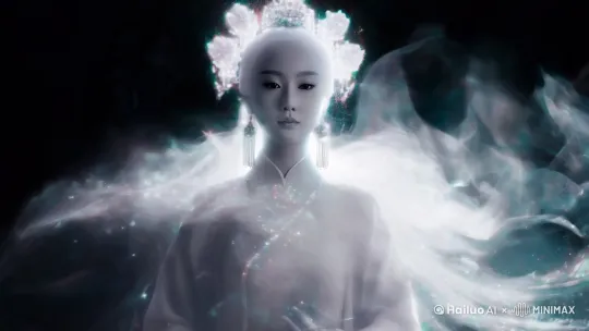 一个由幽灵粒子组成的中国古代美人，C4D, OC 渲染，通透的质感，模糊边缘，拖影，朦胧边缘，深黑色玄妙背景，意识流，大写意，透光拍摄，近景特写，伽马射线捕捉，
图片20Pro by Hailuo AI Video Generator