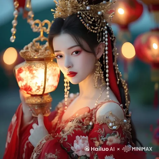 女孩向镜头看过来，羞涩一笑，花灯射出的光照在面上和身上移动，头饰轻微摆动，头发随风微微飘动 by Hailuo AI Video Generator