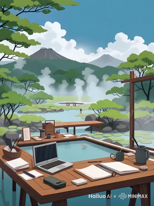 全景镜头：雾气缭绕的温泉池，水面漂浮着木质办公桌 by Hailuo AI Video Generator