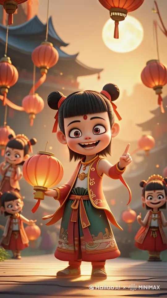 哪吒祝大家元宵节快乐，整个画面更加生动。画面不要穿模。 by Hailuo AI Video Generator