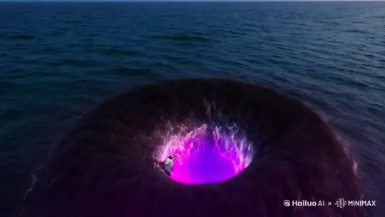 镜头 1：神秘漩涡
时长：0:00 - 0:02
景别：全景
画面：平静海面骤起波澜，巨大黑色漩涡凭空出现，海水汹涌卷入，中心紫色光芒闪烁，蔓延至四周，海水化为暗紫色。
自然语音：（低沉旁白）“平静之下，神秘力量觉醒。”
运镜：镜头高空俯冲，聚焦漩涡后环绕旋转，展现其强大吸力。
视觉特效：粒子特效模拟海水翻腾、紫光闪烁，增强动态与神秘感。
镜头 2：角色齐聚
时长：0:02 - 0:04
景别：中景
画面：哪吒踏风火轮、舞混天绫飞驰而来；敖丙着白甲持冰枪，周身海水凝结成冰棱；申公豹披黑袍骑黑豹，身后黑烟缭绕。三人于漩涡上空汇聚，严阵以待。
自然语音：
哪吒（兴奋大喊）：“啥古怪玩意儿？真刺激！”
敖丙（凝重）：“这漩涡诡异，恐有麻烦。”
申公豹（冷笑）：“哼，有好戏看了。”
运镜：先跟拍三人冲向漩涡，再切换至漩涡上空仰视，镜头环绕展示神态气势。
视觉特效：强化哪吒火焰、敖丙冰棱质感，优化申公豹黑烟层次感。
镜头 3：漩涡异动
时长：0:04 - 0:06
景别：近景
画面：漩涡射出五彩光束，周围能量波动，海水瞬间蒸发。哪吒横火尖枪，火焰与光束碰撞出金色火花；敖丙挥冰枪召冰盾，寒气与高温抵消产生水汽；申公豹结印，黑色符文屏障与五彩光强烈冲突。
自然语音：（紧张音效、能量碰撞轰鸣）
运镜：镜头快速推近，特写三人表情动作，微微抖动增紧张感。
视觉特效：光线特效让光束更耀眼立体，雾化特效模拟海水蒸发，强化三人防御特效。 by Hailuo AI Video Generator