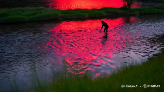 红色的月亮映射着清澈的河水，水波荡漾，河岸青草葱翠 by Hailuo AI Video Generator
