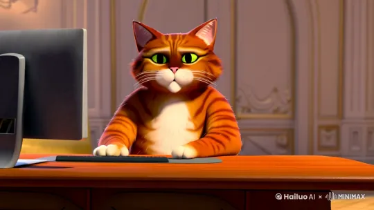 一只长着浓浓的眉毛、三角脸、帅气的胖橘猫坐在办公桌前敲电脑。门口走进来一只高大威猛的歇罗猫说：“你被辞退了”橘猫说：请付一下我的工资和应该给我的经济补偿金”。歇罗猫说：“没门” by Hailuo AI Video Generator